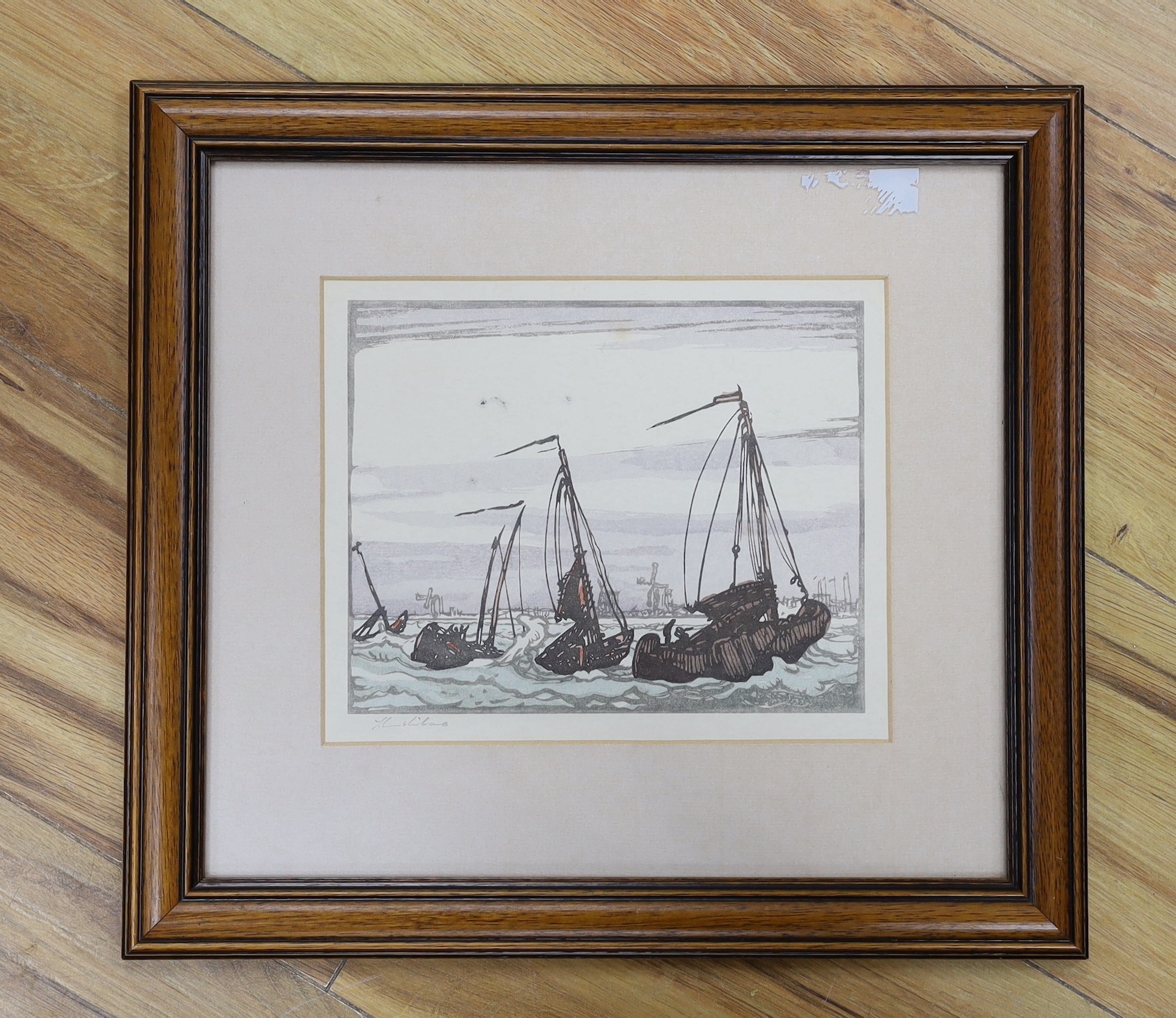 Yoshijiro Urushibara (1888-1953), woodblock print, Dutch barges off the coast, signed in the plate, 17 x 21cm